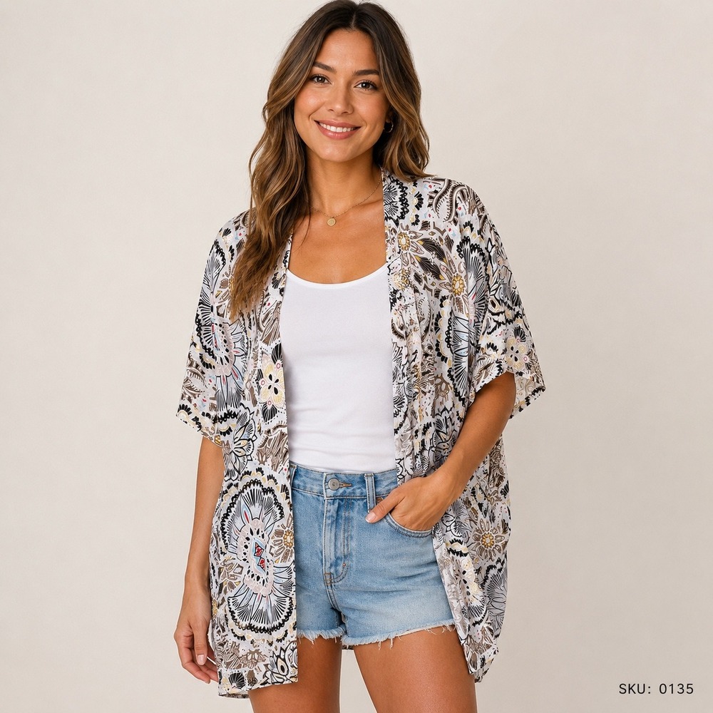 Chico's Women L/XL Kimono Wrap Mandala Floral Print Crochet Lace Back Boho Cream
